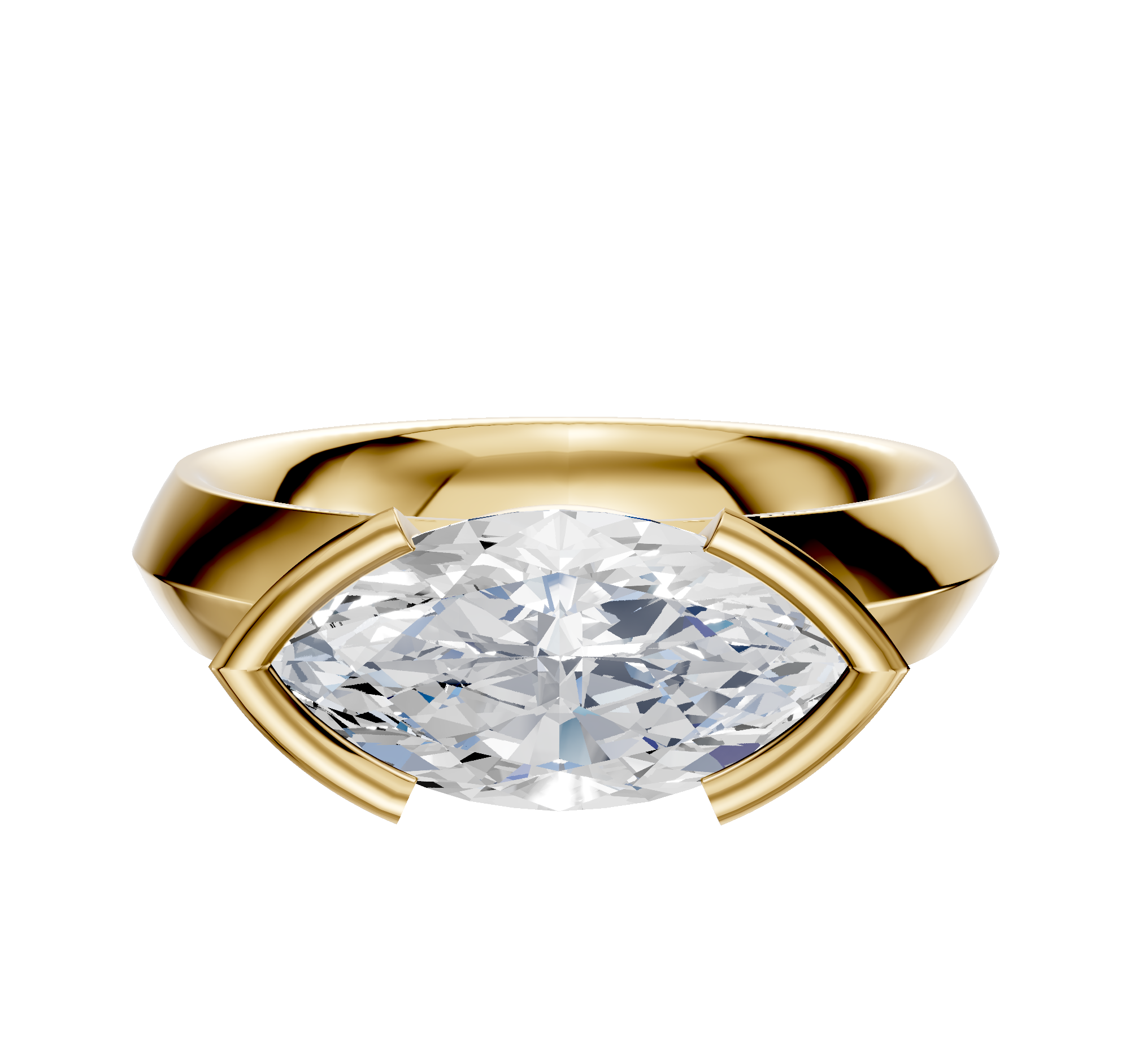 An 18K yellow gold engagement ring features a 4.0mm diamond set east/west in a classic knife edge half bezel band with modern geometric prongs. Displayed against a plain white background.
