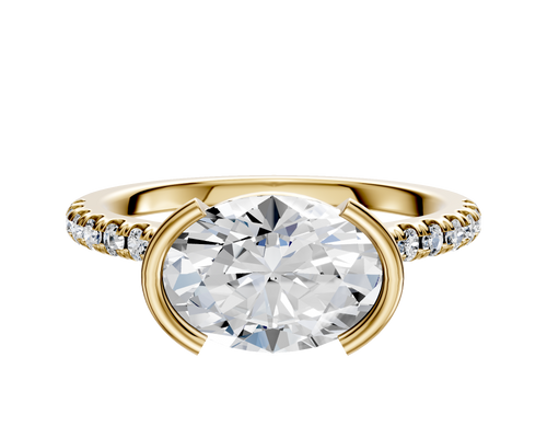 14K Yellow Gold Bezel Half Bezel East/West Cathedral Dome 1-Row-Pave 2.5mm Engagement Ring