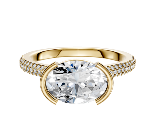 14K Yellow Gold Bezel Half Bezel East/West Cathedral Dome 3-Row-Pave 2.0mm Engagement Ring