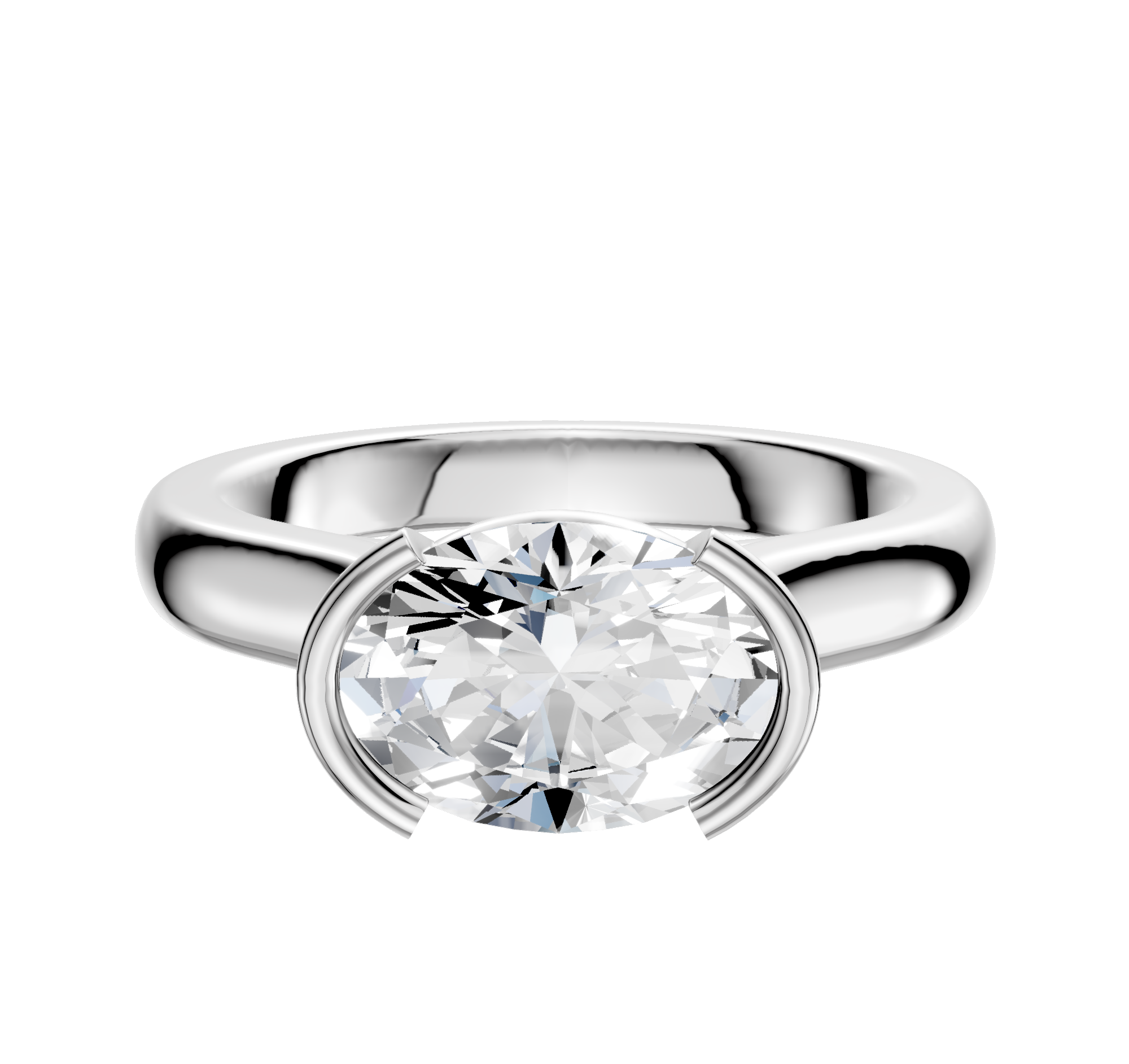 The Platinum Bezel Half Bezel East/West Cathedral Dome 3.0mm Engagement Ring features a sleek platinum band and a round, faceted gemstone centerpiece, showcased against a simple white background.