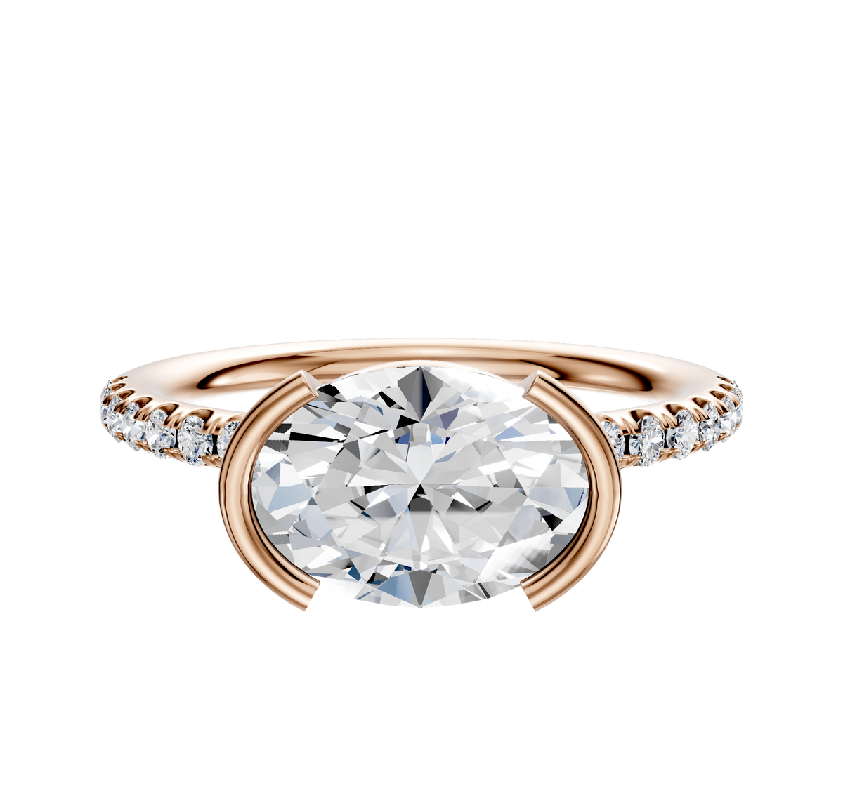 The 18K Rose Gold Bezel Half Bezel East/West Classic Dome 1-Row-Pave 2.5mm Engagement Ring features a modern half-bezel setting with a round center diamond and small accent diamonds along the band.