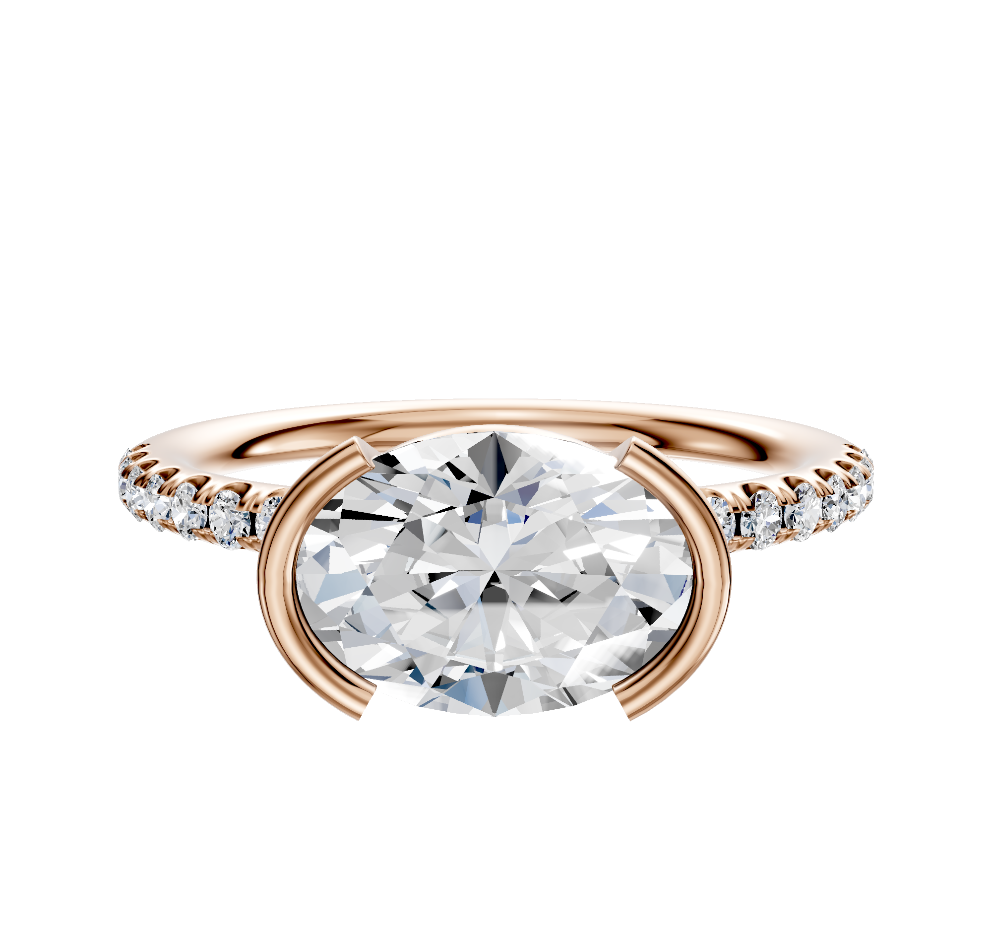 The 18K Rose Gold Bezel Half Bezel East/West Classic Dome 1-Row-Pave 2.5mm Engagement Ring features a modern half-bezel setting with a round center diamond and small accent diamonds along the band.
