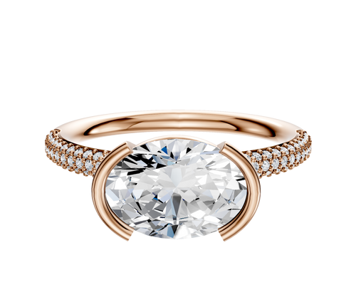14K Rose Gold Bezel Half Bezel East/West Classic Dome 3-Row-Pave 2.0mm Engagement Ring