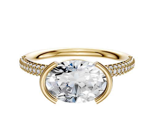 14K Yellow Gold Bezel Half Bezel East/West Classic Dome 3-Row-Pave 2.0mm Engagement Ring