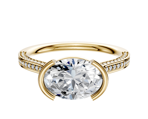 14K Yellow Gold Bezel Half Bezel East/West Cathedral Flat 3-Row-Pave 2.0mm Engagement Ring