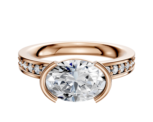 14K Rose Gold Bezel Half Bezel East/West Classic Flat 1-Row-Pave 2.5mm Engagement Ring