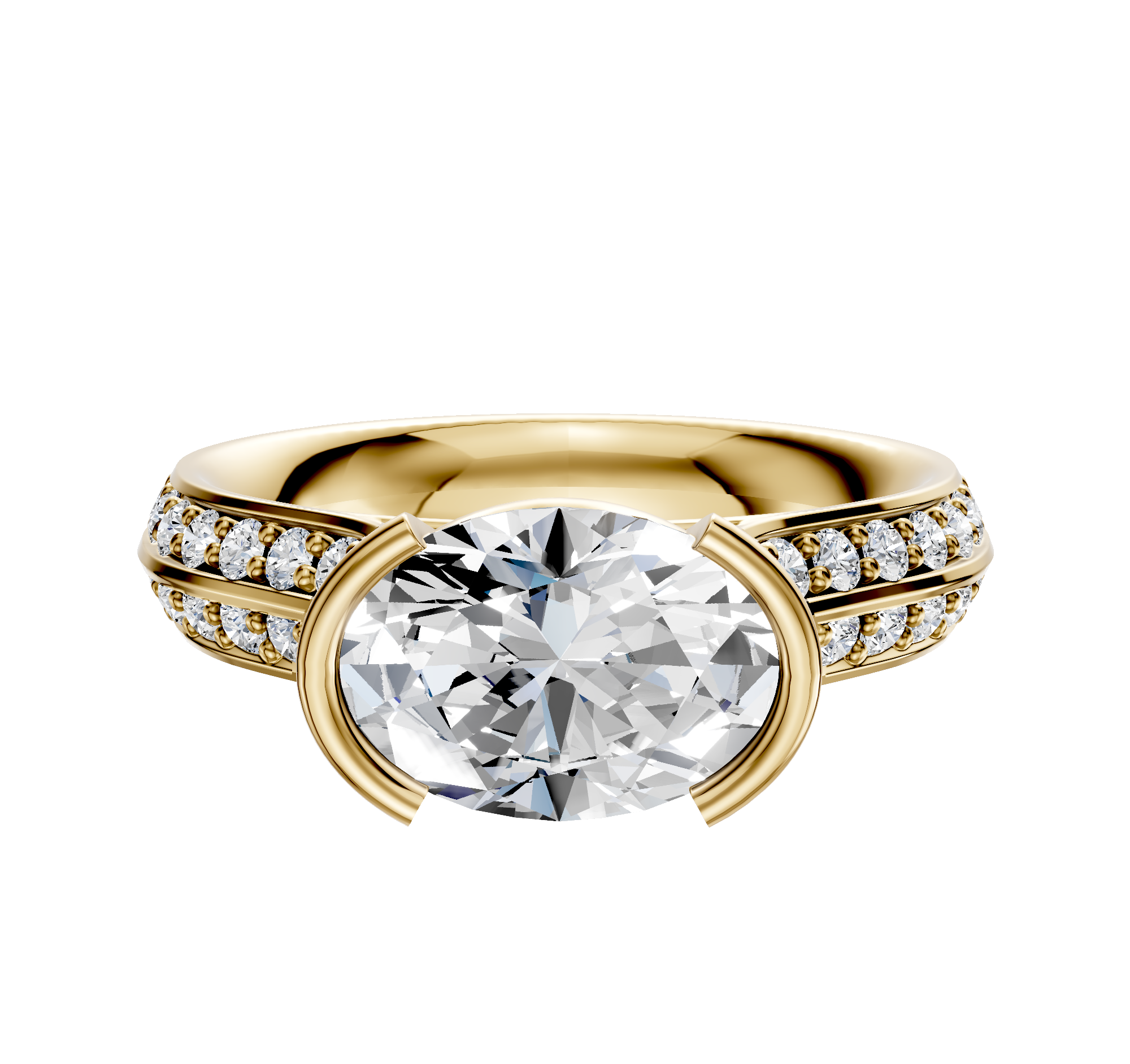 An 18K yellow gold Cathedral Knife Edge engagement ring with a round center stone and 1-row pave diamonds, displayed on a plain white background.