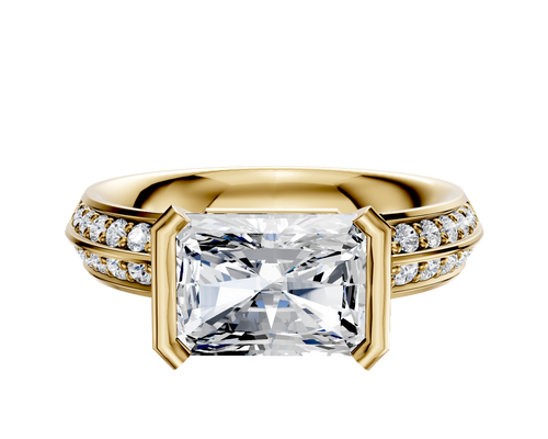 18K Yellow Gold Bezel Half Bezel East/West Classic Knife Edge 1-Row-Pave 2.5mm Engagement Ring