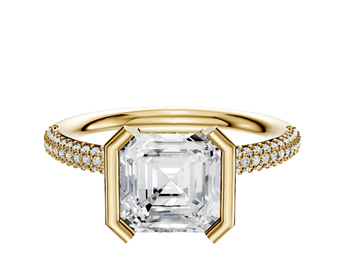 18K Yellow Gold Bezel Half Bezel North/South Classic Dome 3-Row-Pave 2.0mm Engagement Ring