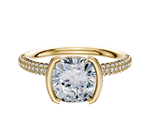 18K Yellow Gold Bezel Half Bezel North/South Classic Dome 3-Row-Pave 2.0mm Engagement Ring