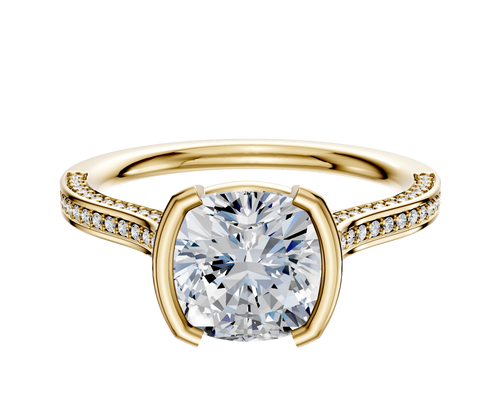 14K Yellow Gold Bezel Half Bezel North/South Cathedral Flat 3-Row-Pave 2.0mm Engagement Ring