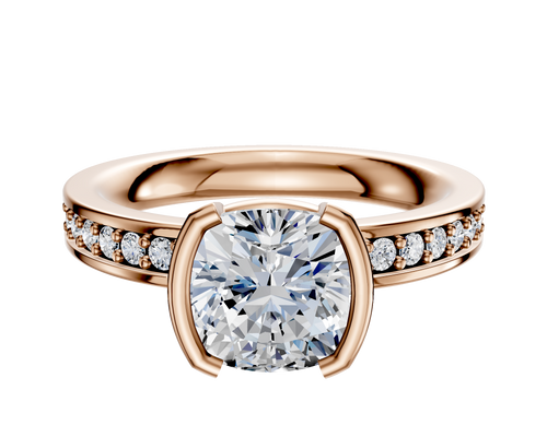 14K Rose Gold Bezel Half Bezel North/South Classic Flat 1-Row-Pave 2.5mm Engagement Ring