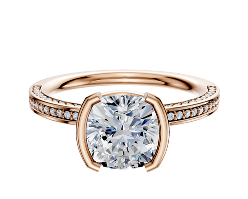 14K Rose Gold Bezel Half Bezel North/South Classic Flat 3-Row-Pave 2.0mm Engagement Ring
