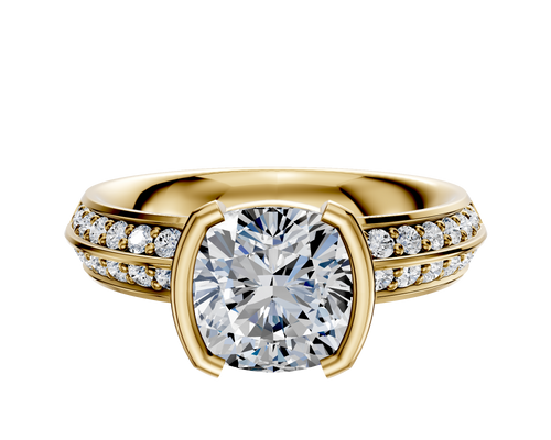 18K Yellow Gold Bezel Half Bezel North/South Classic Knife Edge 1-Row-Pave 2.5mm Engagement Ring
