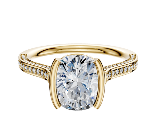 18K Yellow Gold Bezel Half Bezel North/South Cathedral Flat 3-Row-Pave 2.0mm Engagement Ring