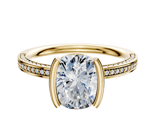 14K Yellow Gold Bezel Half Bezel North/South Classic Flat 3-Row-Pave 2.0mm Engagement Ring