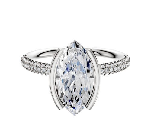 14K White Gold Bezel Half Bezel North/South Classic Dome 3-Row-Pave 2.0mm Engagement Ring