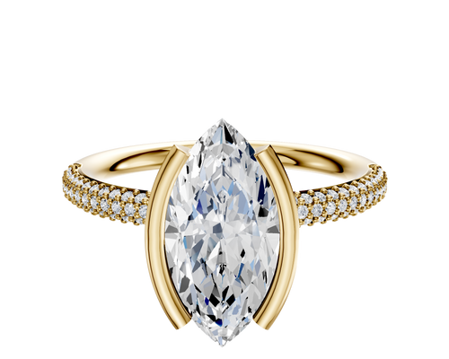 18K Yellow Gold Bezel Half Bezel North/South Classic Dome 3-Row-Pave 2.0mm Engagement Ring