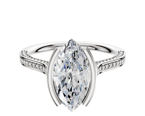 18K Two Tone Bezel Half Bezel North/South Cathedral Flat 3-Row-Pave 2.0mm Engagement Ring