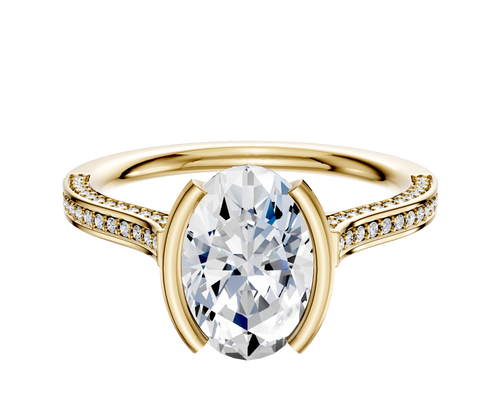 18K Yellow Gold Bezel Half Bezel North/South Cathedral Flat 3-Row-Pave 2.0mm Engagement Ring
