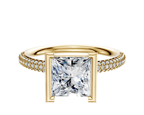 14K Yellow Gold Bezel Half Bezel North/South Classic Dome 3-Row-Pave 2.0mm Engagement Ring