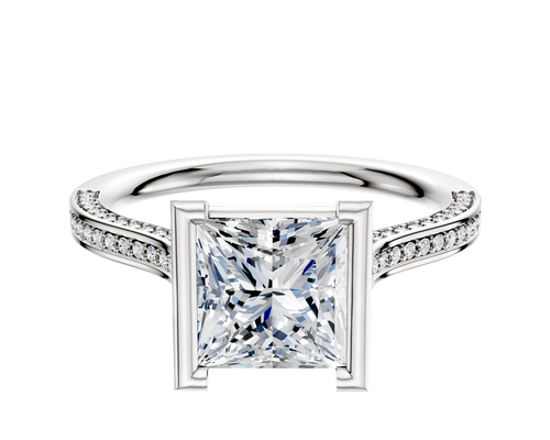 18K Two Tone Bezel Half Bezel North/South Cathedral Flat 3-Row-Pave 2.0mm Engagement Ring
