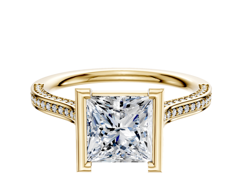 14K Yellow Gold Bezel Half Bezel North/South Cathedral Flat 3-Row-Pave 2.0mm Engagement Ring