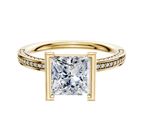 14K Yellow Gold Bezel Half Bezel North/South Classic Flat 3-Row-Pave 2.0mm Engagement Ring