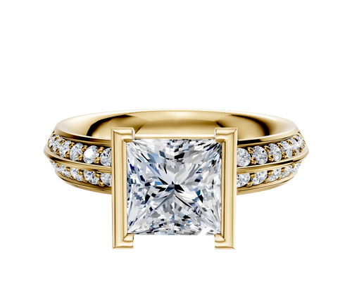 18K Yellow Gold Bezel Half Bezel North/South Classic Knife Edge 1-Row-Pave 2.5mm Engagement Ring