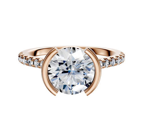 14K Rose Gold Bezel Half Bezel North/South Cathedral Dome 1-Row-Pave 2.5mm Engagement Ring