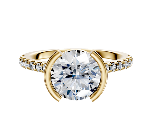 14K Yellow Gold Bezel Half Bezel North/South Cathedral Dome 1-Row-Pave 2.5mm Engagement Ring