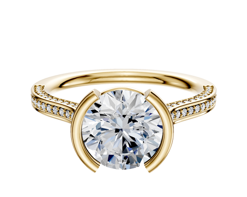 14K Yellow Gold Bezel Half Bezel North/South Cathedral Flat 3-Row-Pave 2.0mm Engagement Ring
