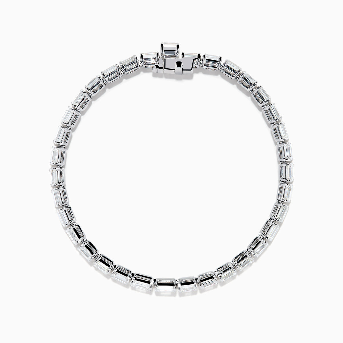 The Platinum Emerald Cut 14.47 Ct. Diamond Tennis Bracelet features a continuous row of prong-set, emerald cut diamonds displayed on a plain white background.
