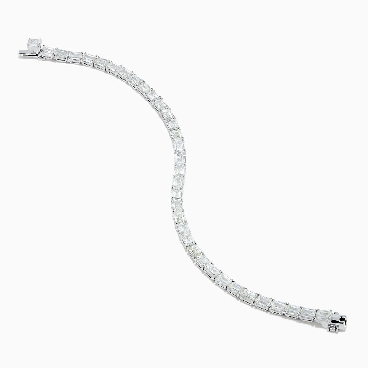 The Platinum Emerald Cut 14.47 Ct. Diamond Tennis Bracelet features a continuous row of prong-set, emerald cut diamonds displayed on a plain white background.