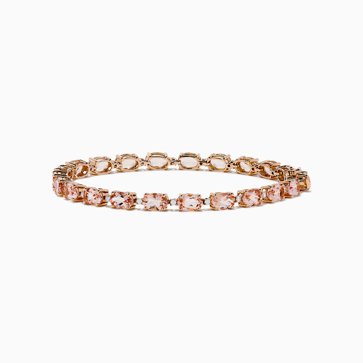 The Blush 14K Rose Gold Morganite and Diamond Tennis Bracelet showcases a single row of square-cut light pink morganite gemstones and sparkling diamonds set closely around the rose gold band.
