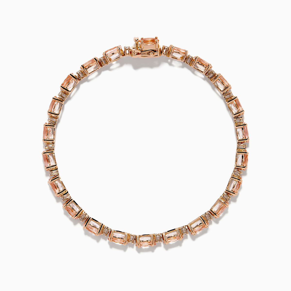 The Blush 14K Rose Gold Morganite and Diamond Tennis Bracelet showcases a single row of square-cut light pink morganite gemstones and sparkling diamonds set closely around the rose gold band.