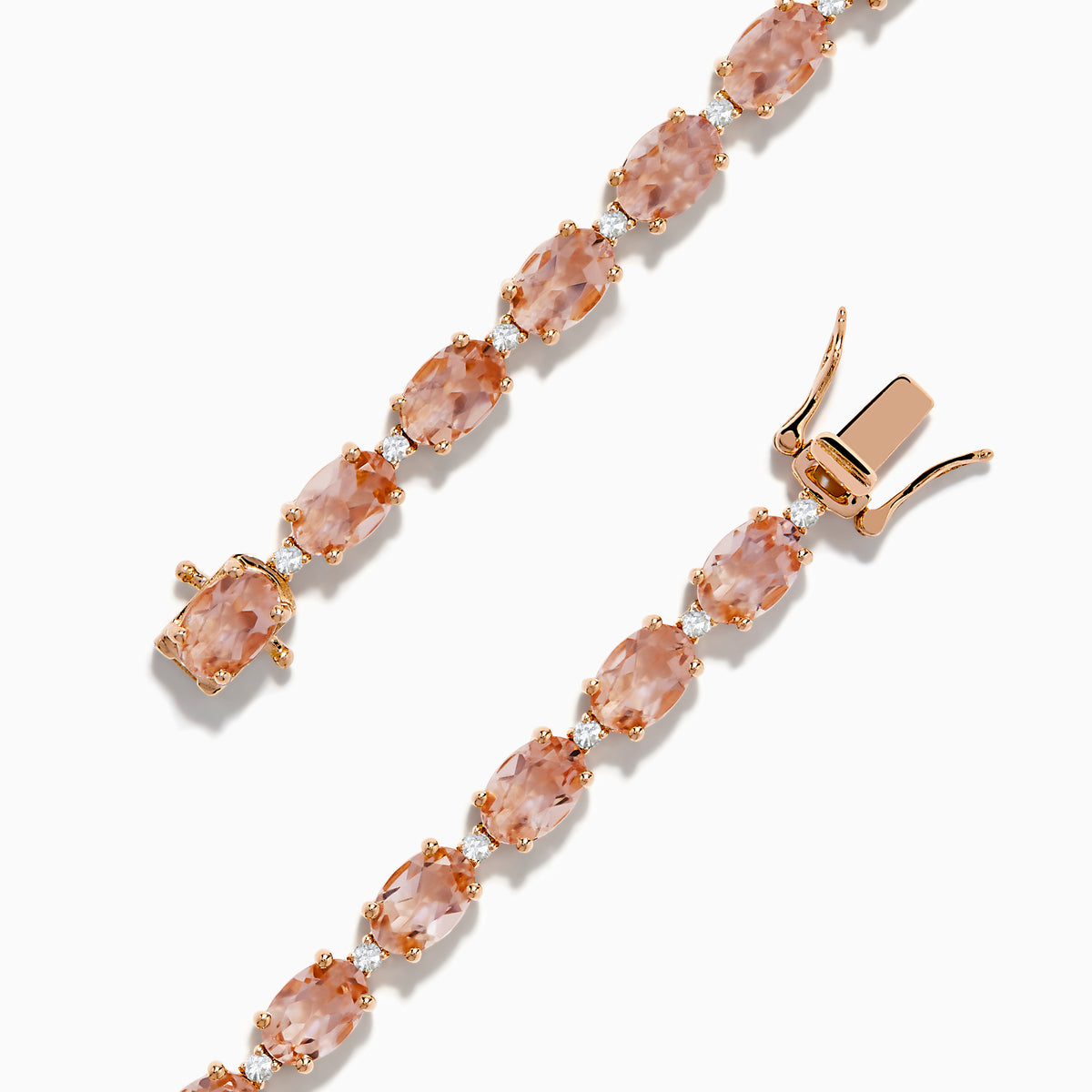 The Blush 14K Rose Gold Morganite and Diamond Tennis Bracelet showcases a single row of square-cut light pink morganite gemstones and sparkling diamonds set closely around the rose gold band.