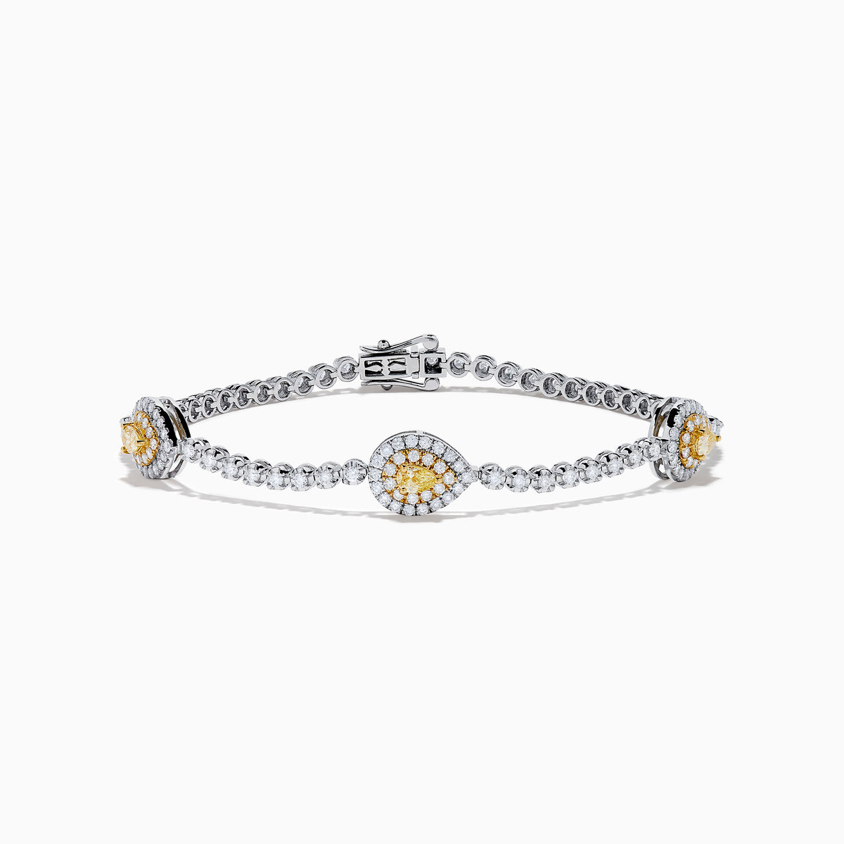 The 18K Two Tone Gold Yellow and White Diamond Bracelet features alternating round white stones and three central yellow diamond clusters, each encircled by white diamonds, secured with a reliable clasp.