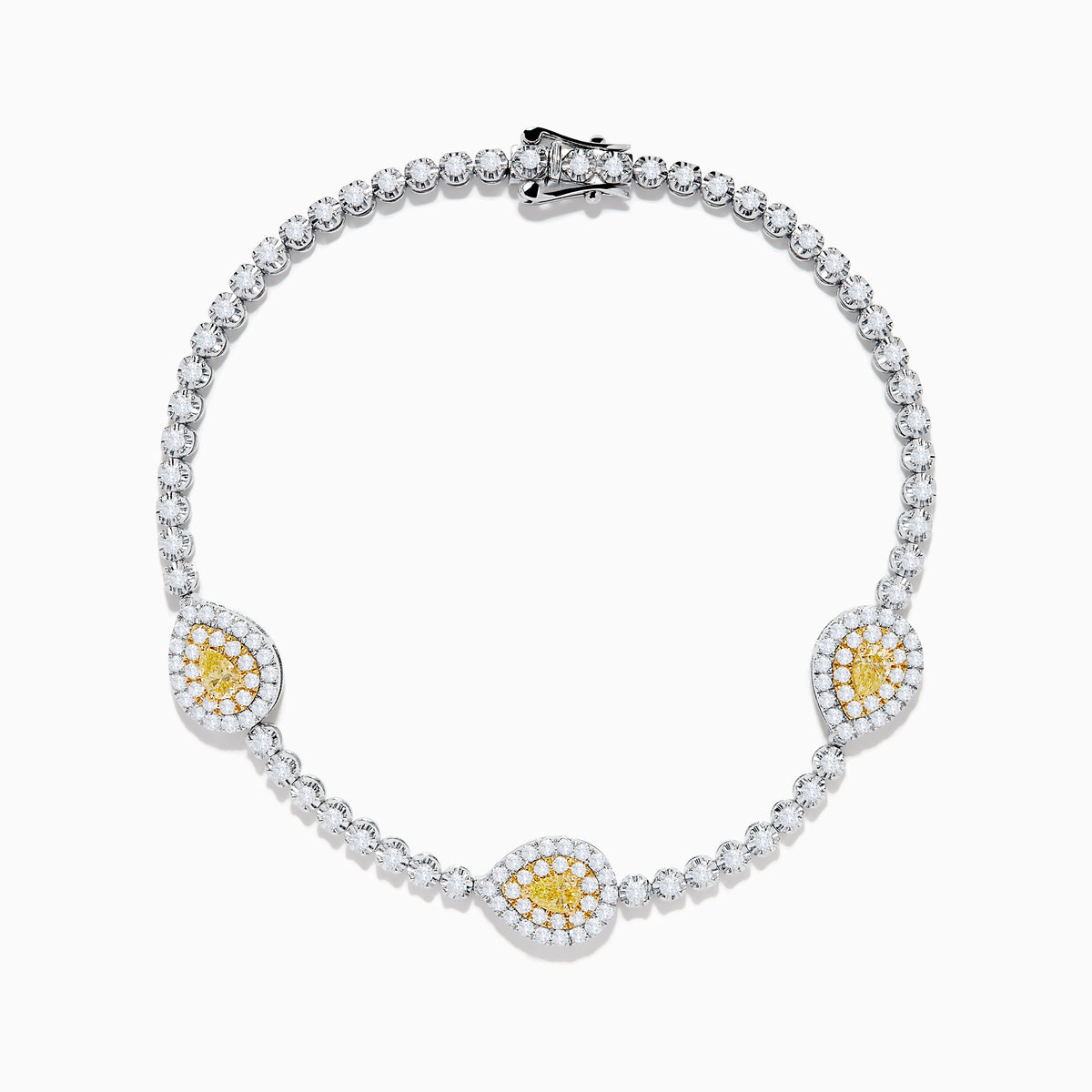 The 18K Two Tone Gold Yellow and White Diamond Bracelet features alternating round white stones and three central yellow diamond clusters, each encircled by white diamonds, secured with a reliable clasp.