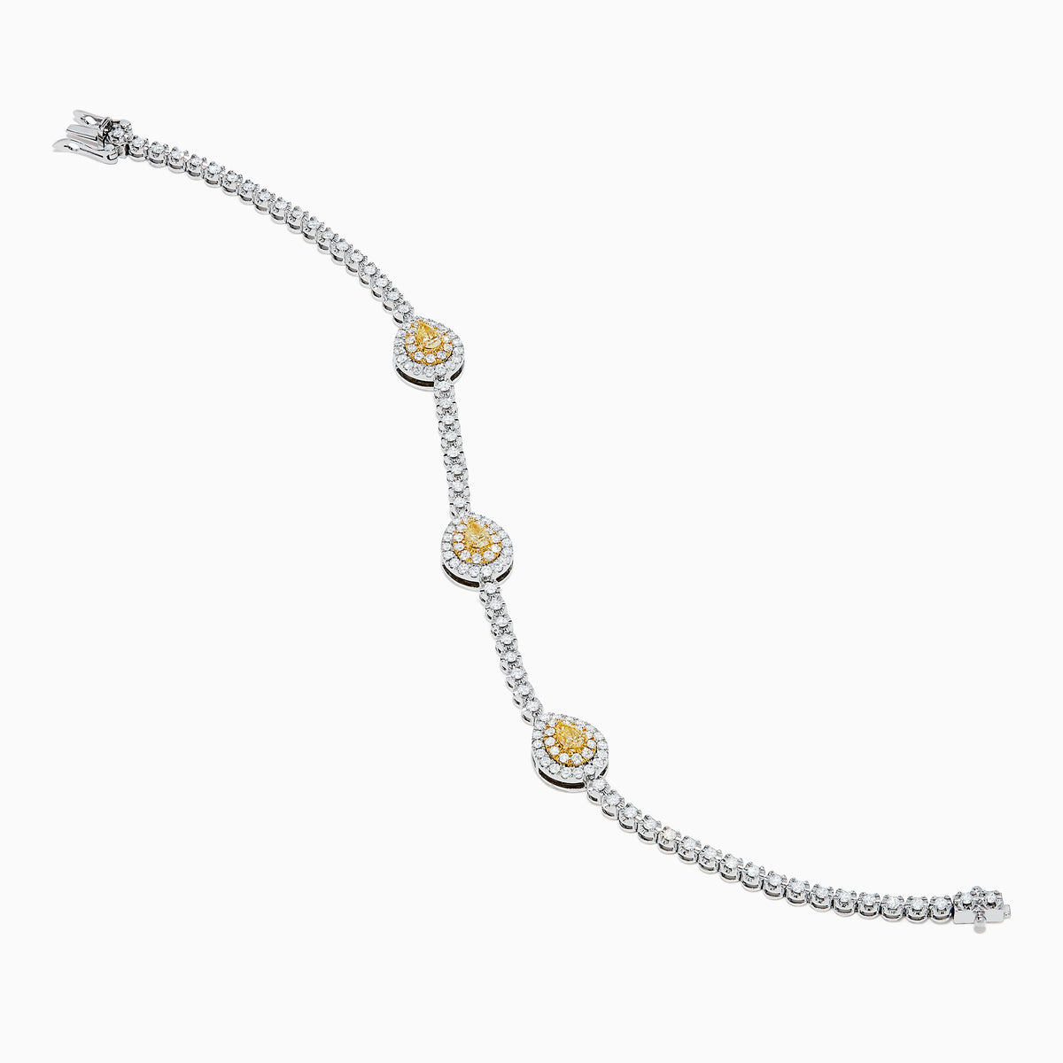 The 18K Two Tone Gold Yellow and White Diamond Bracelet features alternating round white stones and three central yellow diamond clusters, each encircled by white diamonds, secured with a reliable clasp.