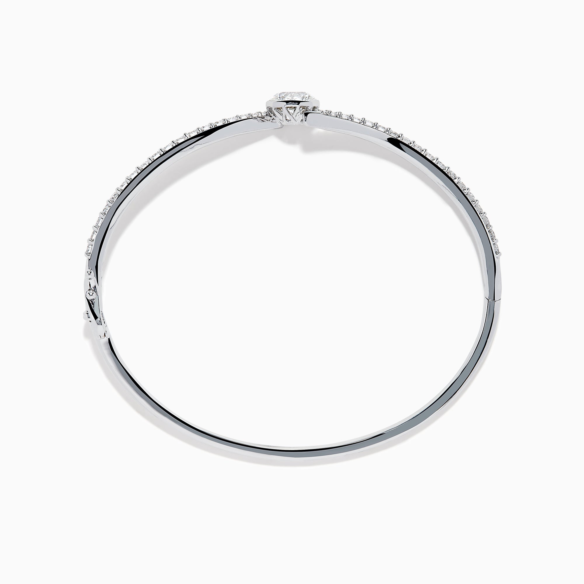 The Star Lab Grown Diamond Connect Bangle in 18K White Gold features a central round lab-grown diamond and a band set with small diamonds, all in an elegantly curved design, displayed on a white background.