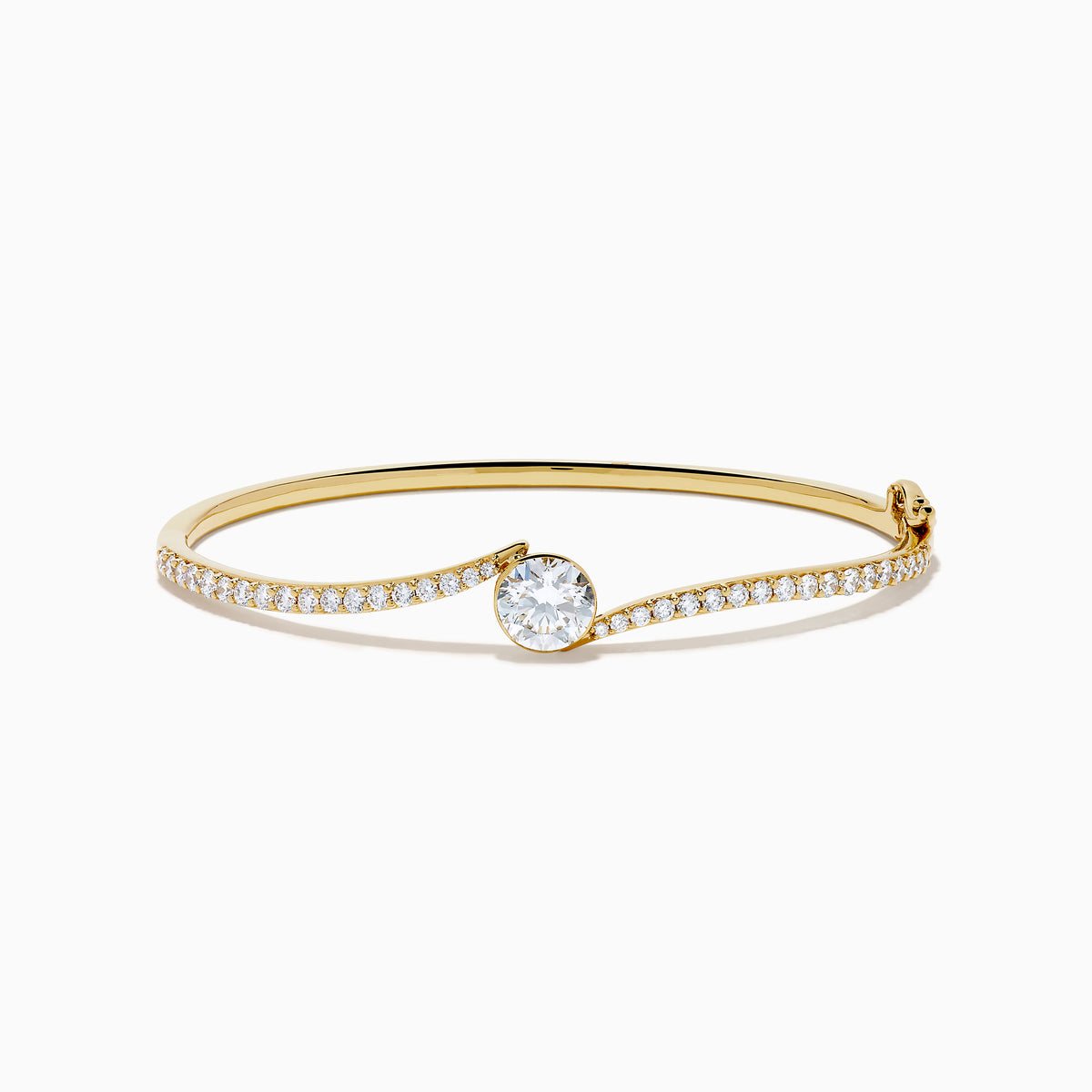 The Star Lab Grown Diamond Connect Bangle in 18K Yellow Gold features a central Star Lab Diamond with a row of smaller diamonds on an angled band, shown against a white background.