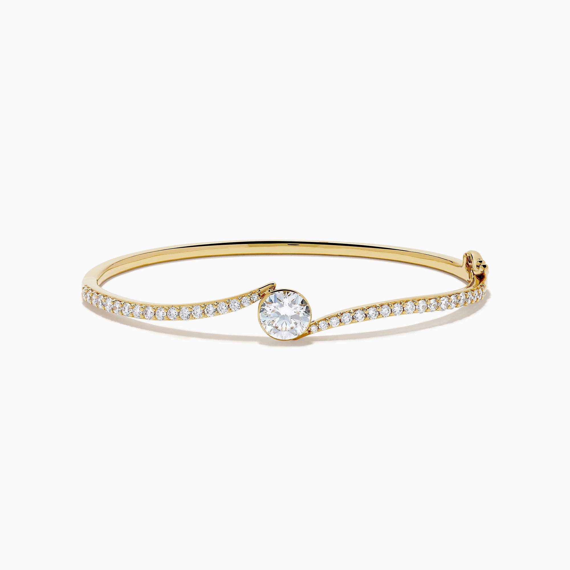 The Star Lab Grown Diamond Connect Bangle in 18K Yellow Gold features a central Star Lab Diamond with a row of smaller diamonds on an angled band, shown against a white background.