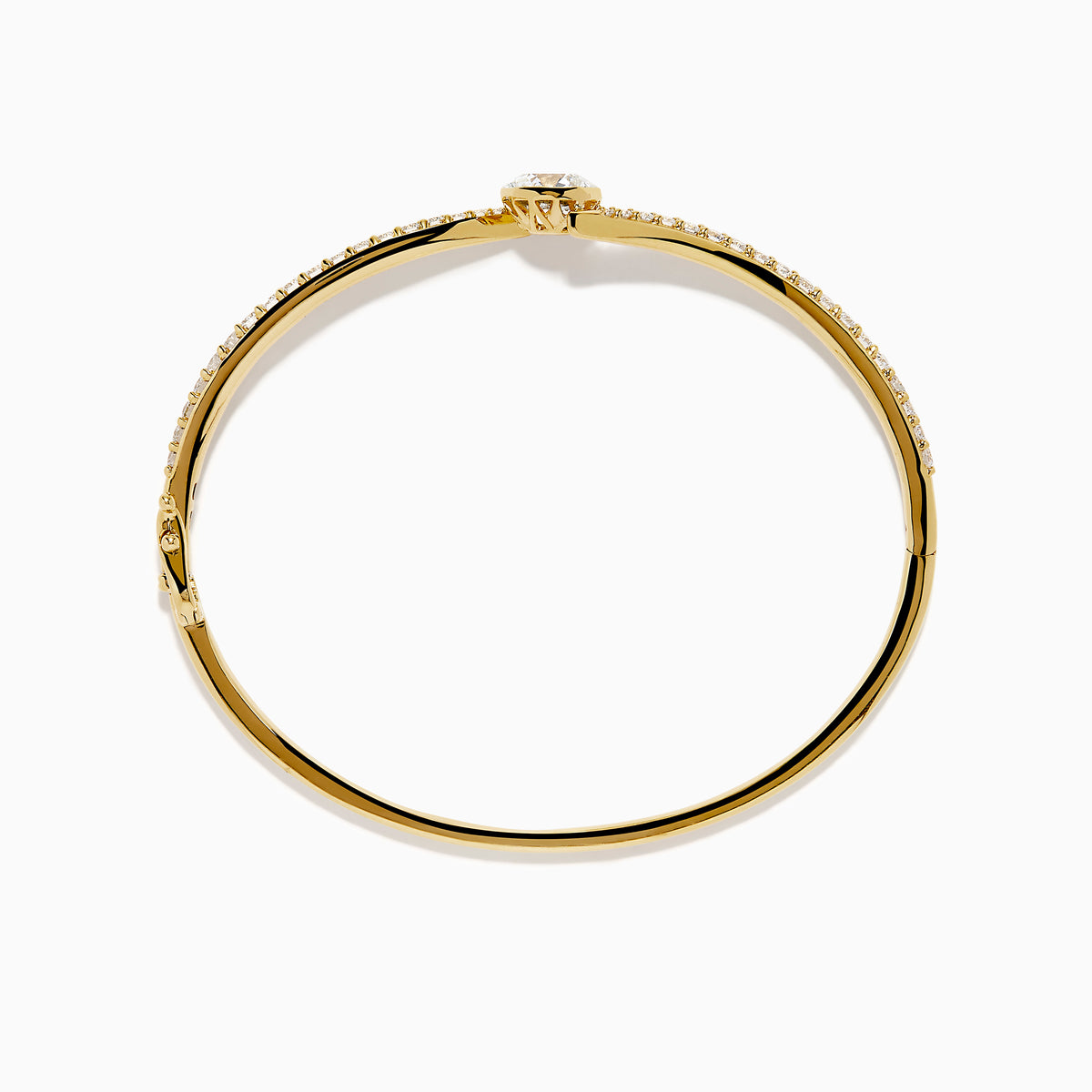 The Star Lab Grown Diamond Connect Bangle in 18K Yellow Gold features a central Star Lab Diamond with a row of smaller diamonds on an angled band, shown against a white background.