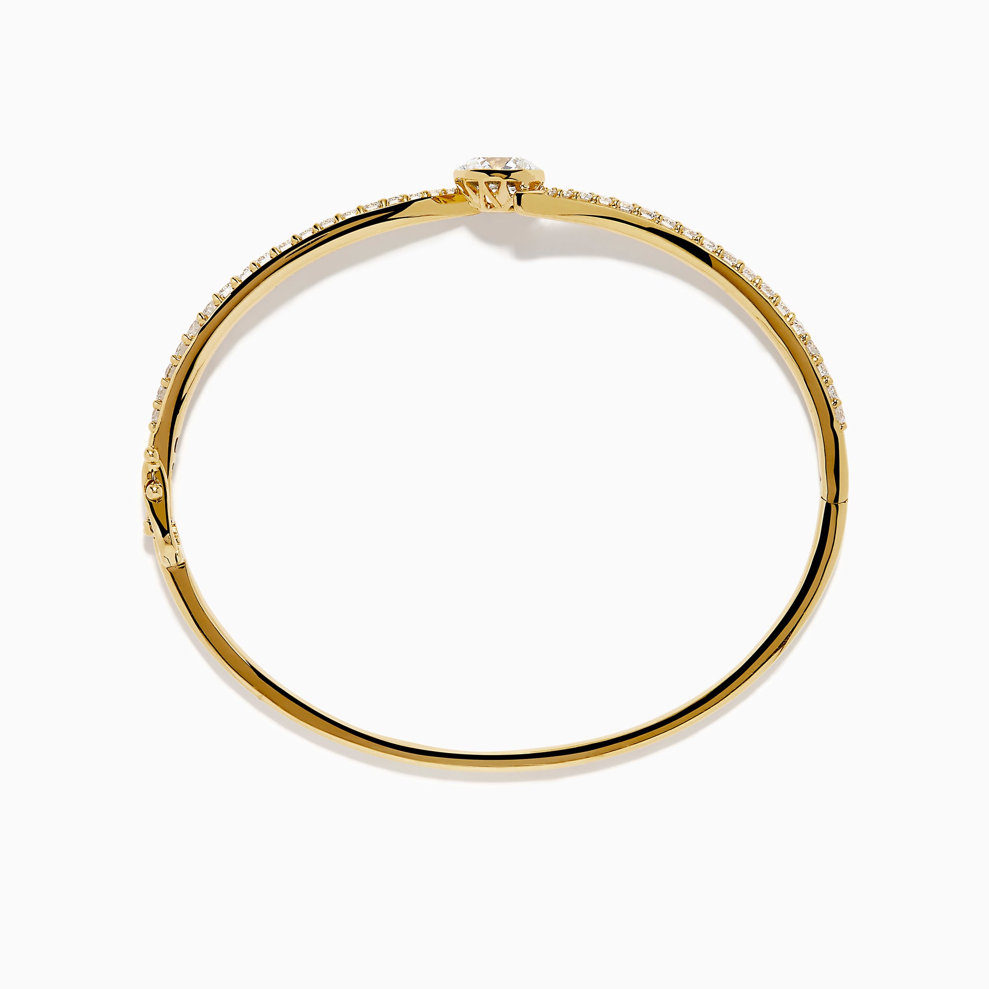 The Star Lab Grown Diamond Connect Bangle in 18K Yellow Gold features a central Star Lab Diamond with a row of smaller diamonds on an angled band, shown against a white background.