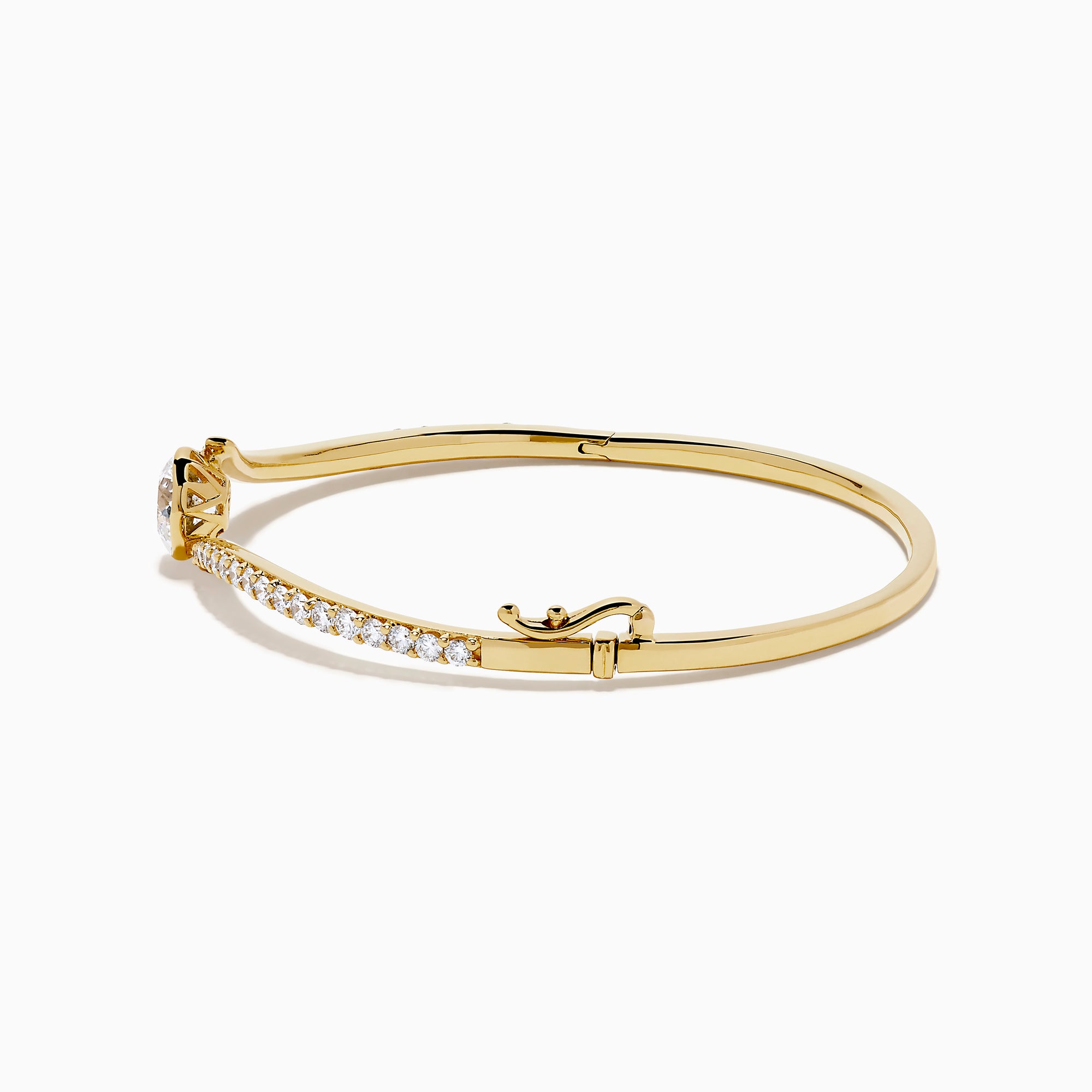 The Star Lab Grown Diamond Connect Bangle in 18K Yellow Gold features a central Star Lab Diamond with a row of smaller diamonds on an angled band, shown against a white background.