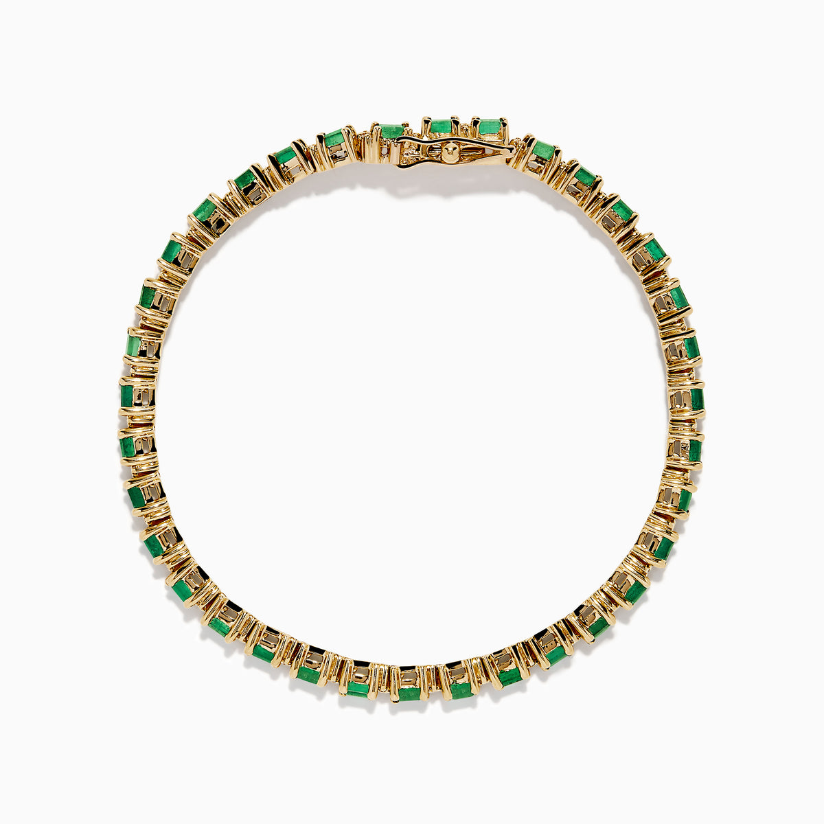 The Brasilica 14K Yellow Gold Emerald and Diamond Tennis Bracelet features a row of green emeralds and sparkling diamonds set in yellow gold prongs, shown against a plain white background.