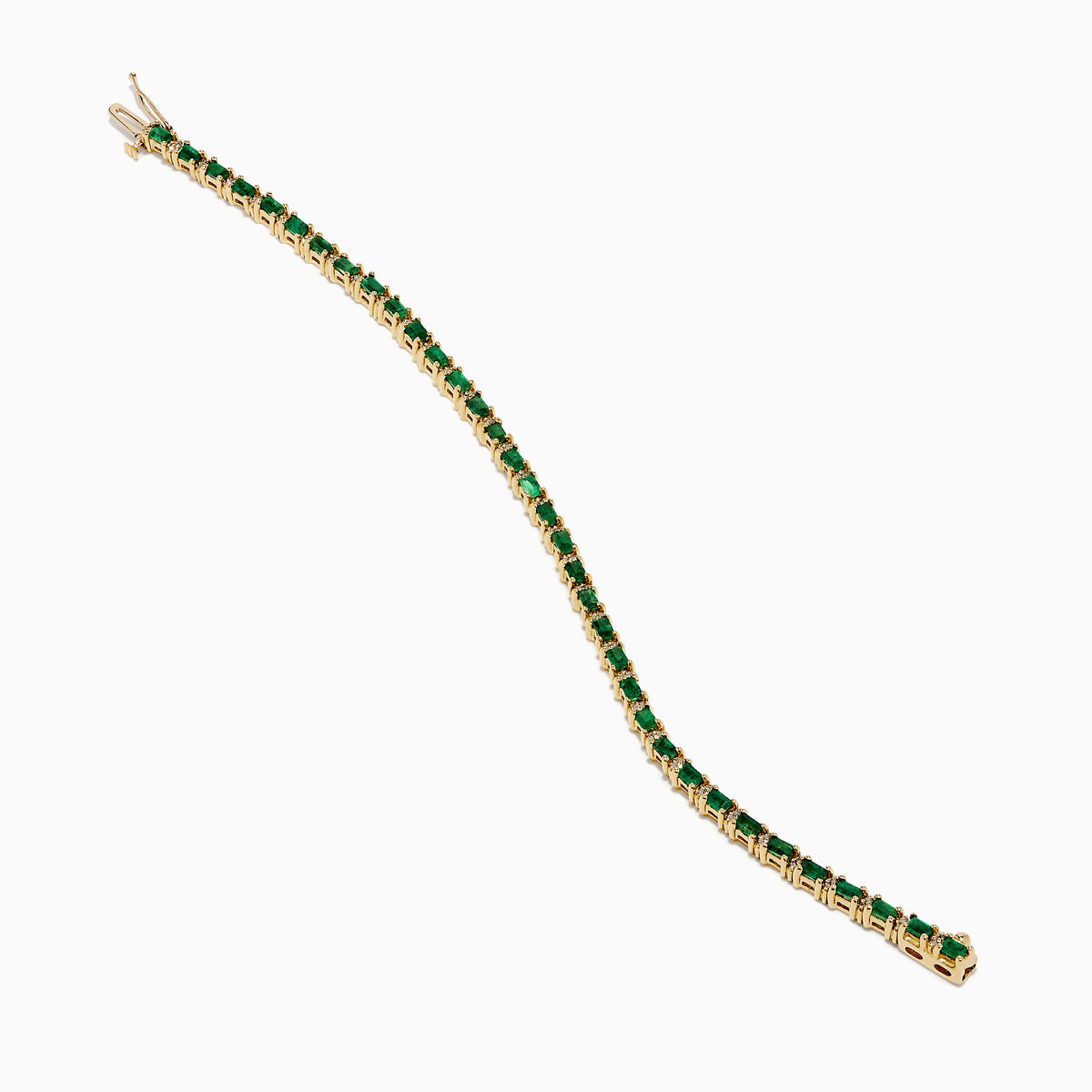 The Brasilica 14K Yellow Gold Emerald and Diamond Tennis Bracelet features a row of green emeralds and sparkling diamonds set in yellow gold prongs, shown against a plain white background.
