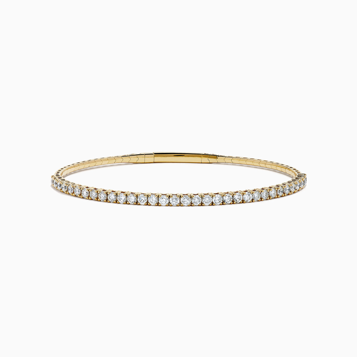 The 14K Yellow Gold Flexible Diamond Bracelet showcases a row of white diamonds on its outer surface, elegantly displayed against a plain white background.