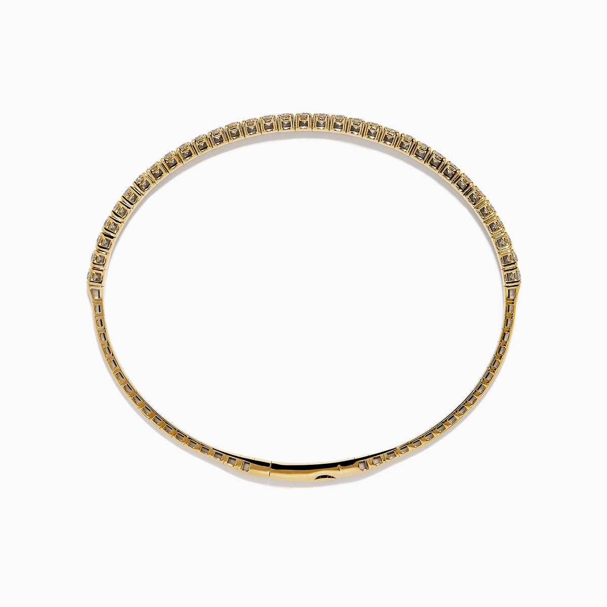 The 14K Yellow Gold Flexible Diamond Bracelet showcases a row of white diamonds on its outer surface, elegantly displayed against a plain white background.
